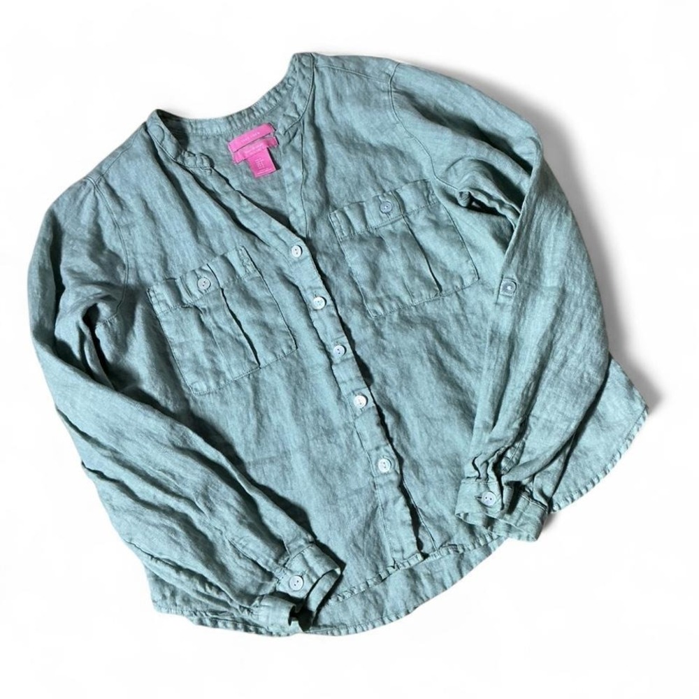 Isaac Mizrahi New‎ York 100% Linen Button Down Shirt Sage Green S Minimalist